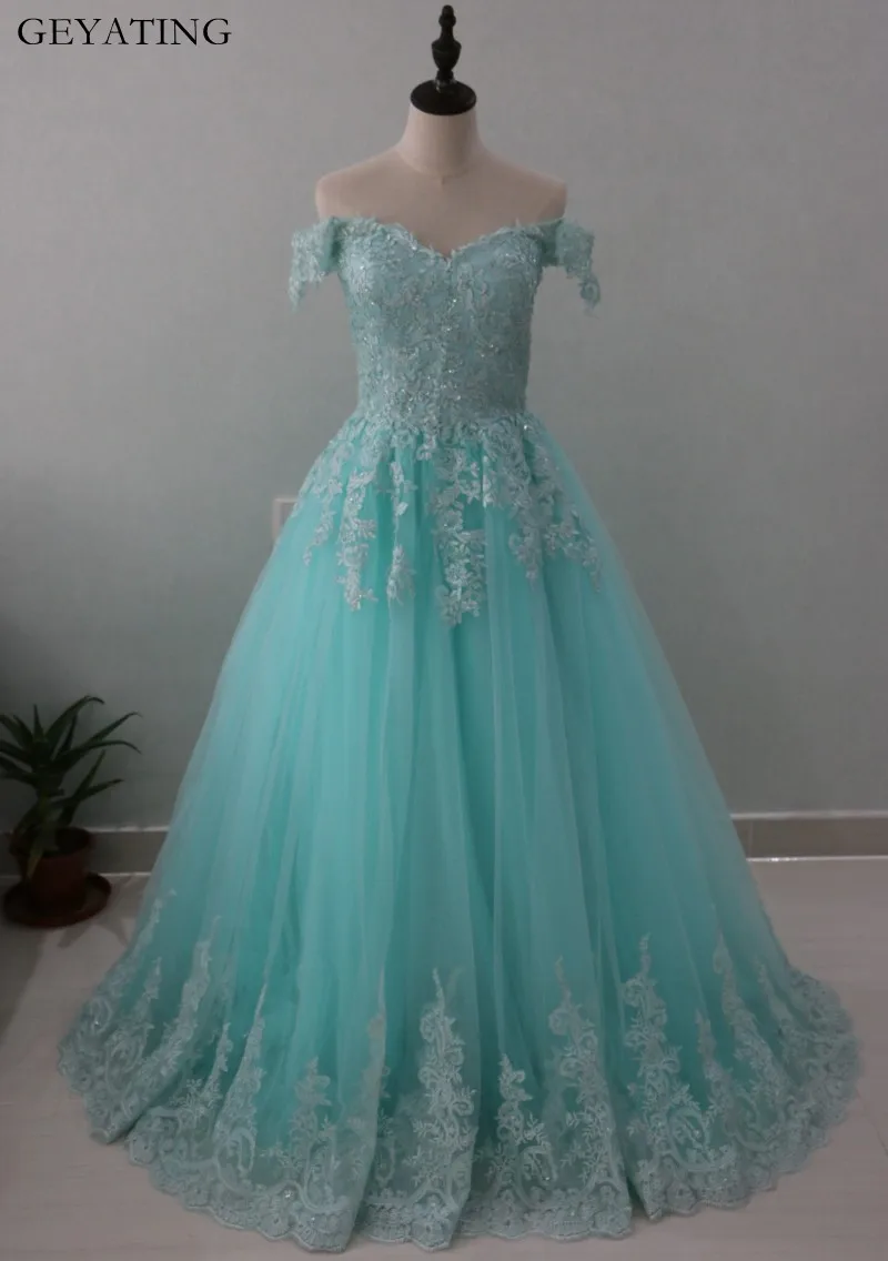 Mint Green Off Shoulder Lace Ball Gown Prom Dresses 2018 Robe de Soriee