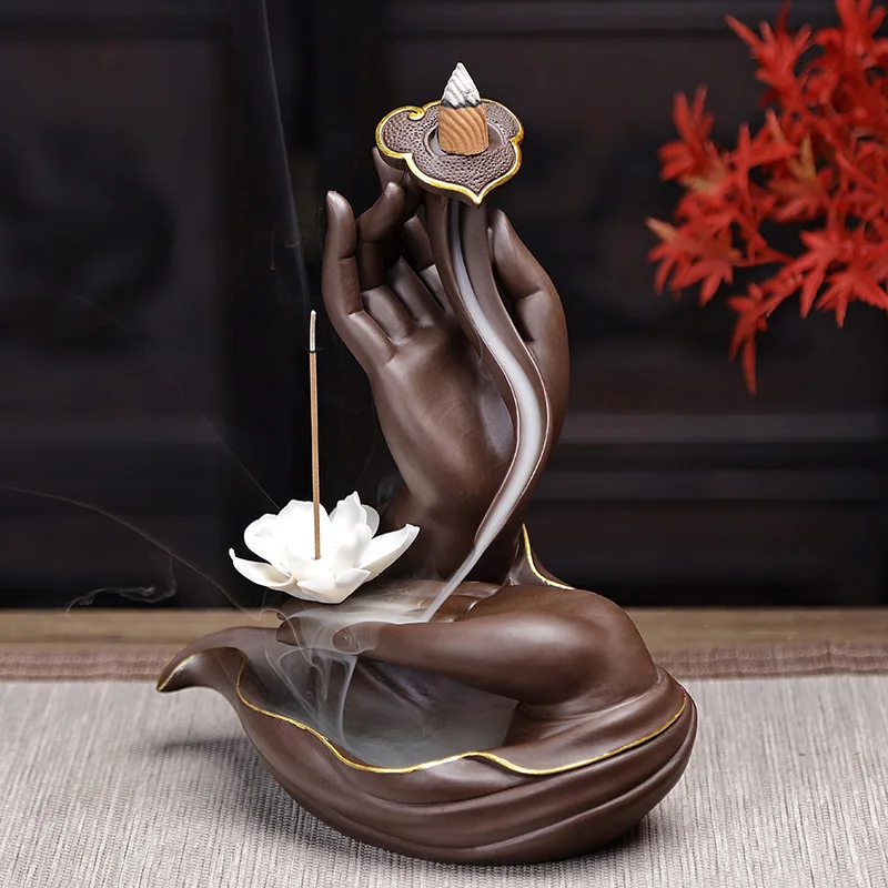 Buddha Hand Statue Backflow Incense Burner Ceramic Burner Backflow Incense Holder Lotus Flower Creative With 10pcs Incense Cones