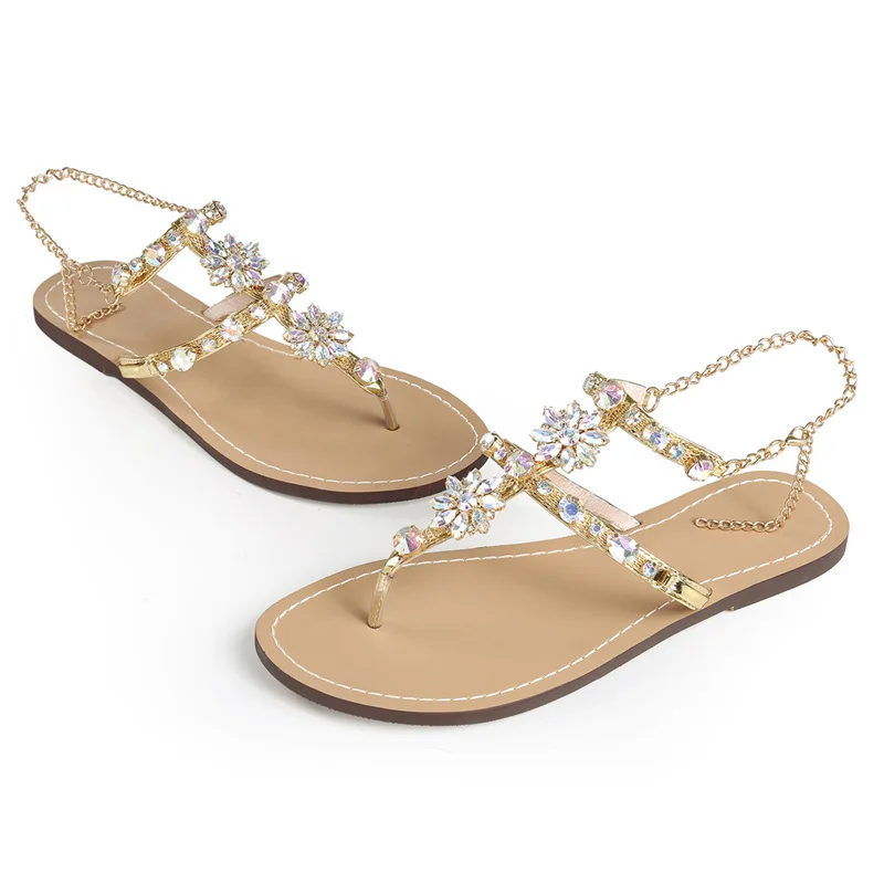 New Chain Crystal flat women Sandals gladiator Sexy Rome flip flops slippers fashion ladies summer shoes plush size NBT1000 2