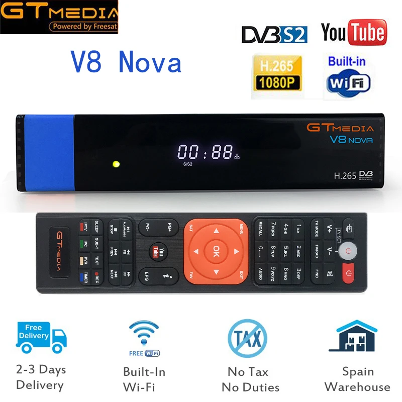 

New Arrival GTMedia V8 Nova Blue DVB-S2 Satellite Receiver Asia Southafrica rca Support H.265 IPTV Yotube Ccam Built WiFi Set