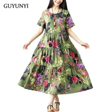 GUYUNYI Algodão E Vestido De Linho Plissado Do Vintage Plus Size Mulheres Casual Solto Verão Vestido vestidos femininos vestidos de Mid-Calf Longo CX925