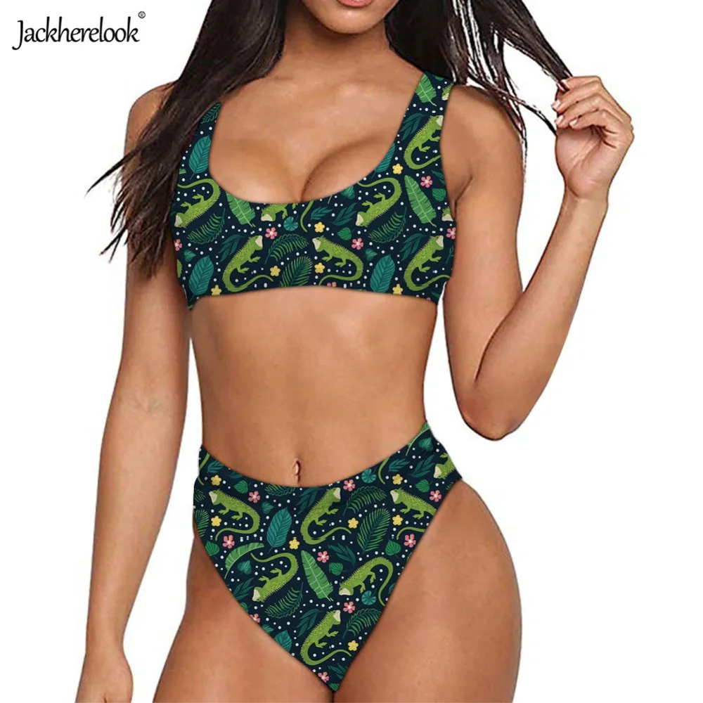 

Jackherelook Iguana Party Pattern Sexy Bikinis Set Women High Waist Swimsuits Push Up Padded Bra Bralette Swimwear Bathing Suit
