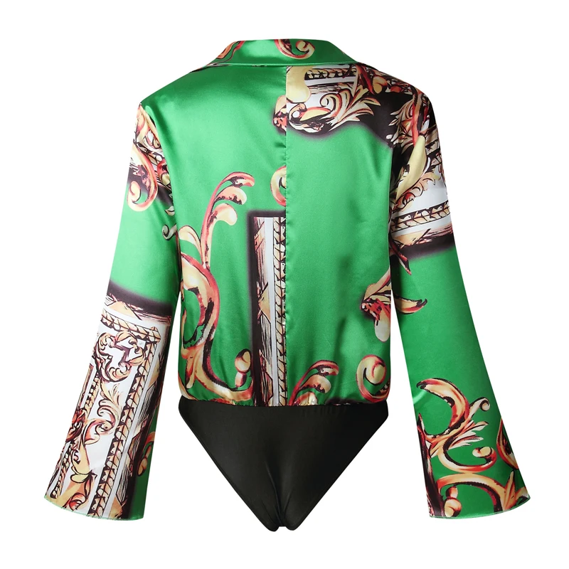 عارضة الرجعية الأزهار طباعة V الرقبة بدوره أسفل الياقة Bodysuit النساء 2018 ربيع صيف كم طويل Bodycon السروال القصير بذلة OL