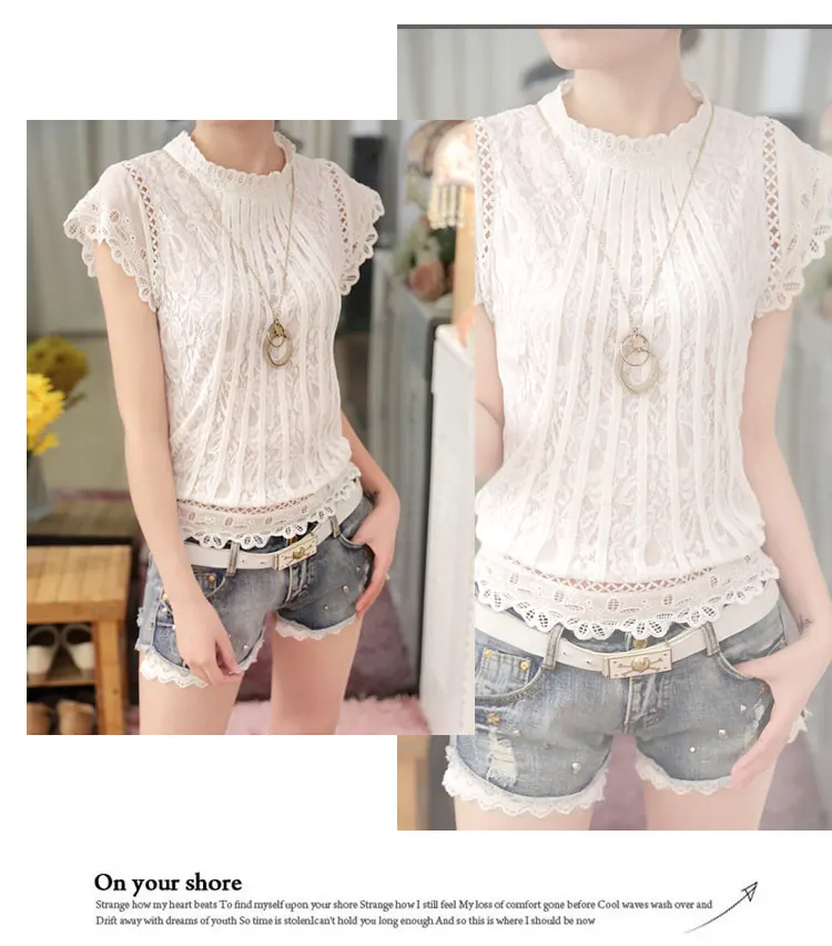 New 2017 Summer Fashion Women Lace Blouse Short Sleeve Stand Collar Women Tops Elegant Patchwork Crochet Women Shirt Plus Size14