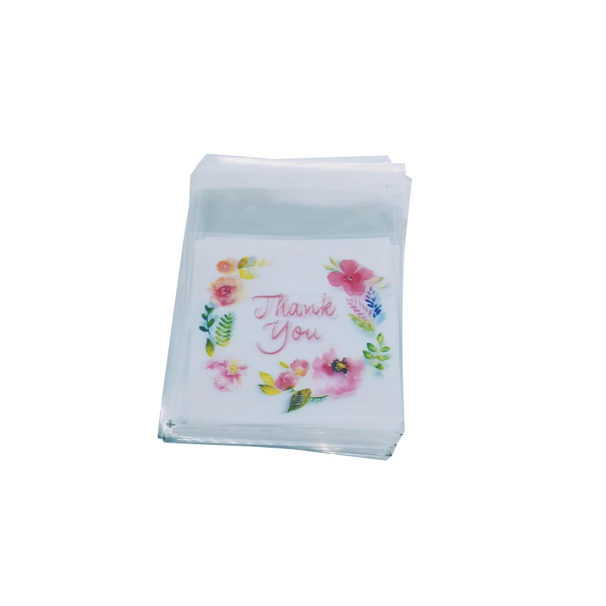 

100pcs/lot 7X7cm Floral hoop Thank you Cookie packaging candy self-adhesive plastic bags for biscuits snack baking package