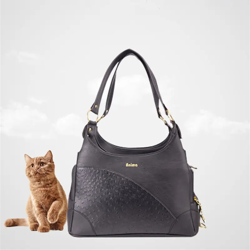 

Pet Dog Fashion Solid Black Leather All Season Suitable Bag Breathable Outdoor Travel Carries Slings Bags For Small Dogs Cats