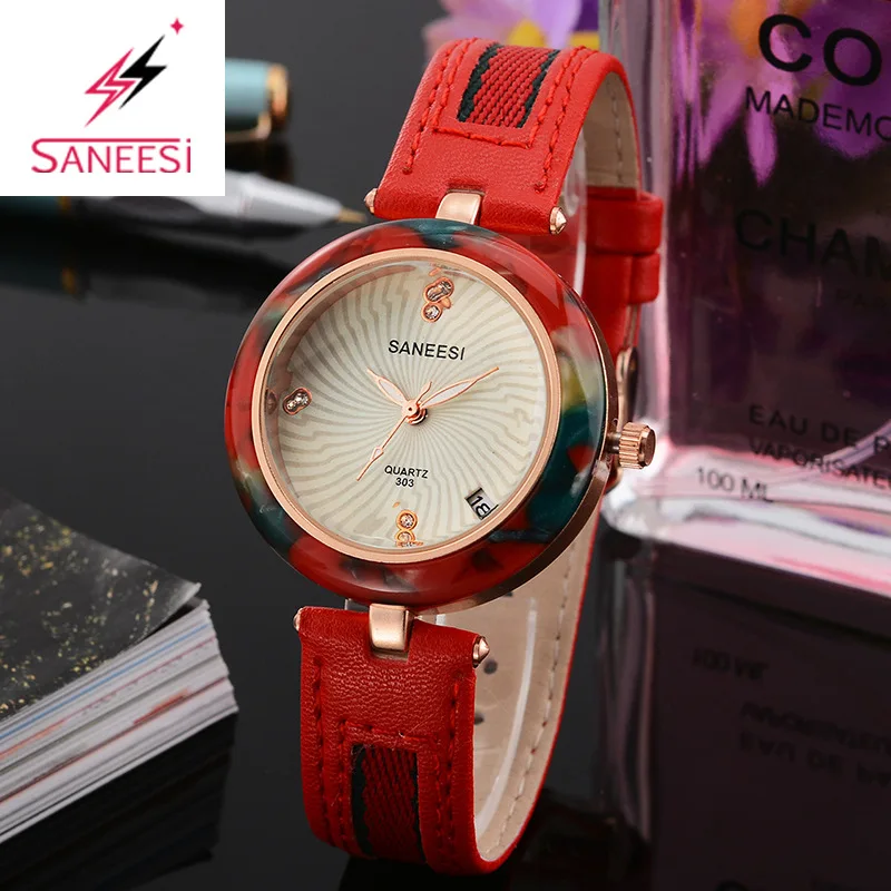 SANEESI Relogio женские красные часы из натуральной кожи ремешок дропшиппинг розовое золото цвет модные кварцевые часы-браслет для леди