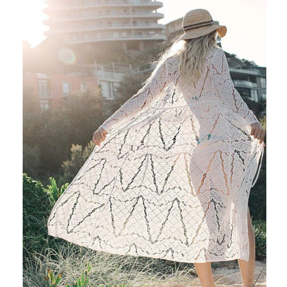

2019 Sexy White and black Crochet Beach Cover up Robe de Plage Swimsuit Cover-Ups Lace Beachwear Knitted Bikini Long Beach