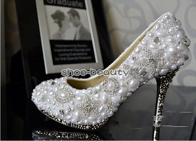 Handmade 10cm Heel White Imitation Pearl Wedding Dress Shoes Sparkling Rhinestone Bridal Shoes Evening Dress Shoe