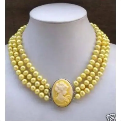 

FREE SHIPPING NEW *****3Row Yellow Pearl Necklace Cameo Beauty Clasp HOT HOT sell