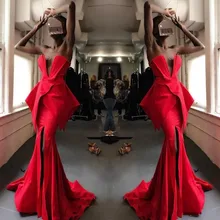 Sexy Party Gowns High Slit robe de soiree longue Mermaid Pleat Evening Dress Off Shoulder vestido de festa Pageant Dresses Red