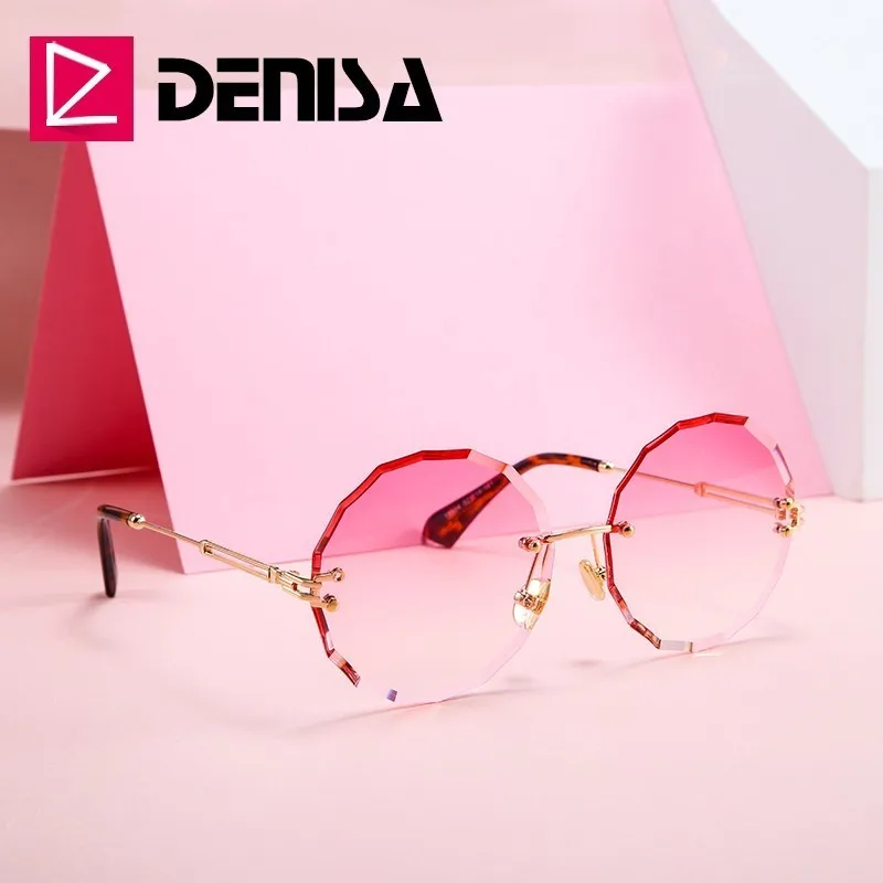 DENISA винтажные Круглые Солнцезащитные очки для женщин и мужчин модные очки без оправы Ретро розовые солнцезащитные очки для женщин UV400 zonnebril dames G18604
