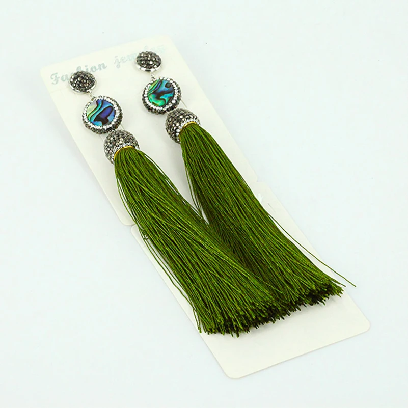 

Original Bohemia Oliver Green Grenery Silk Fabric Tassel Rhinestone Cap Shell Charms Extra Long Drop Dangle Earrings For Women