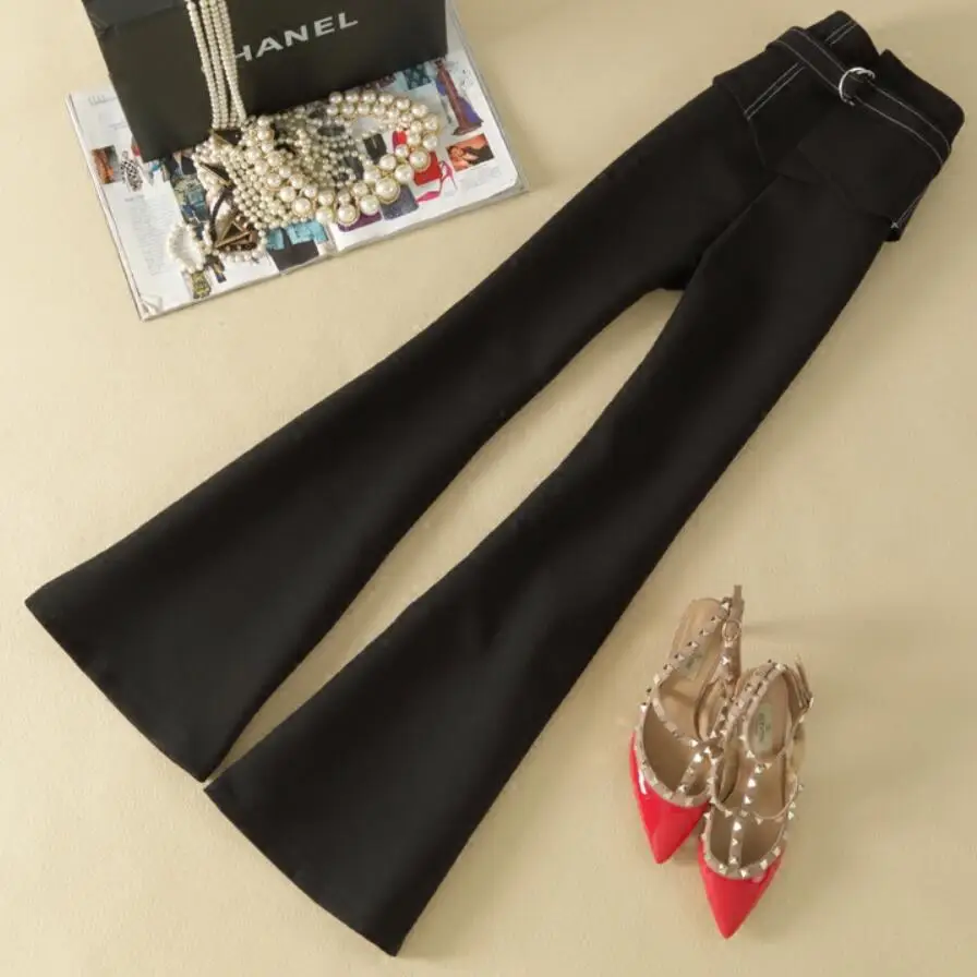 Высокая талия мода осень Для женщин брюки Офисные женские туфли Повседневное Широкие штаны узкие черные длинные flare Брюки