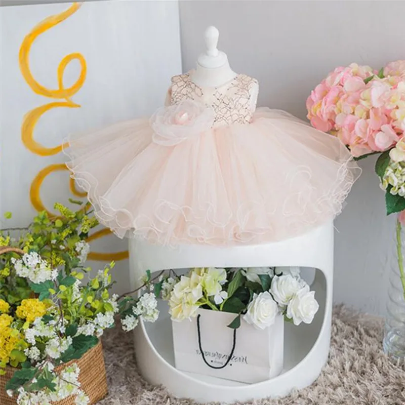 Розовые кружевные платья с цветочным рисунком для маленьких девочек; платье для особых случаев; детское христианское распятье; платье для новорожденных; праздничный костюм принцессы на день рождения