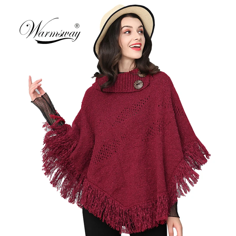 

Solid Scarf Fall Winter New Tassel Button Hollow Out Shawl Poncho Button Warm Women Loose Elegant Cape Wrap C-162