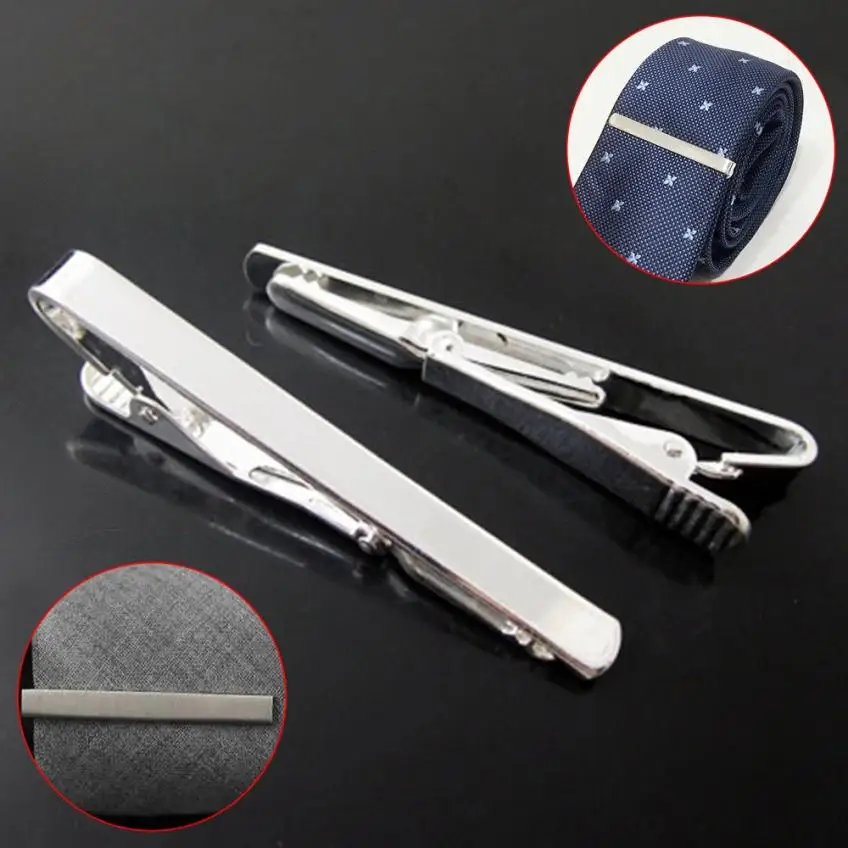 Silver 60MM Necktie Tie Clips Bars Stainless Steel Skinny Mens Boys Plain Solid Clasp Pins Tie