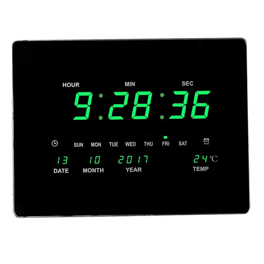 Home Office LED Clock With Indoor Temperature Reader Date Calendar Day Kitchen Livingroom Wall Mounted Large Screen Wall Clock