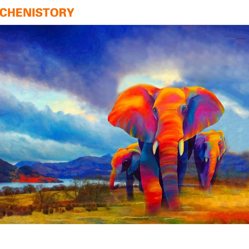 CHENISTORY Frameless DIY Painting By Numbers Colorful Elephant Kits
