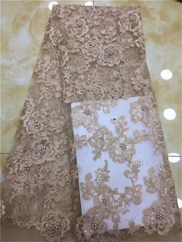 

Pretty 5 Yards African Lace beads Tulle Lace High Quality Embroidered Bridal Dress French Lace Sequin Net Lace Fabric peach