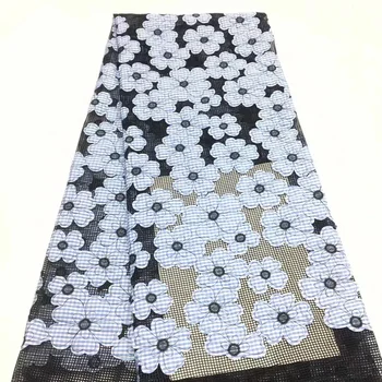 

5 colors (5yards/pc) fashion French net lace fabric black African tulle lace appliqued with skyblue flowers for party dressFLZ72