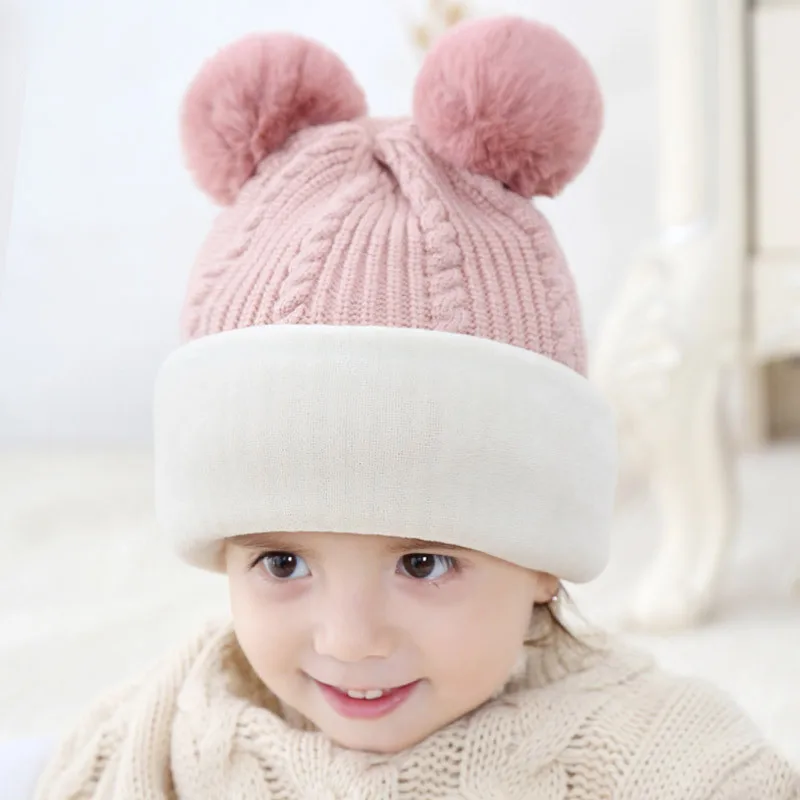 Плотные осенне-зимние детские шапки с помпонами, детские вязаные шапки, шапка для мальчиков и девочек, теплая шерстяная шапка с капюшоном, Детские шарфы, шапочки для малышей