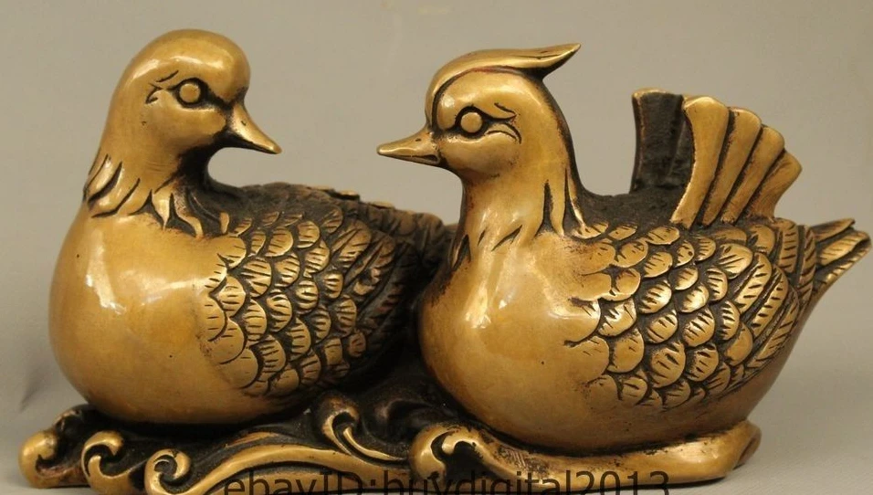

8" Folk Chinese Bronze Copper 2 Love Bird Mandarin Duck Aix Galericulata Statue