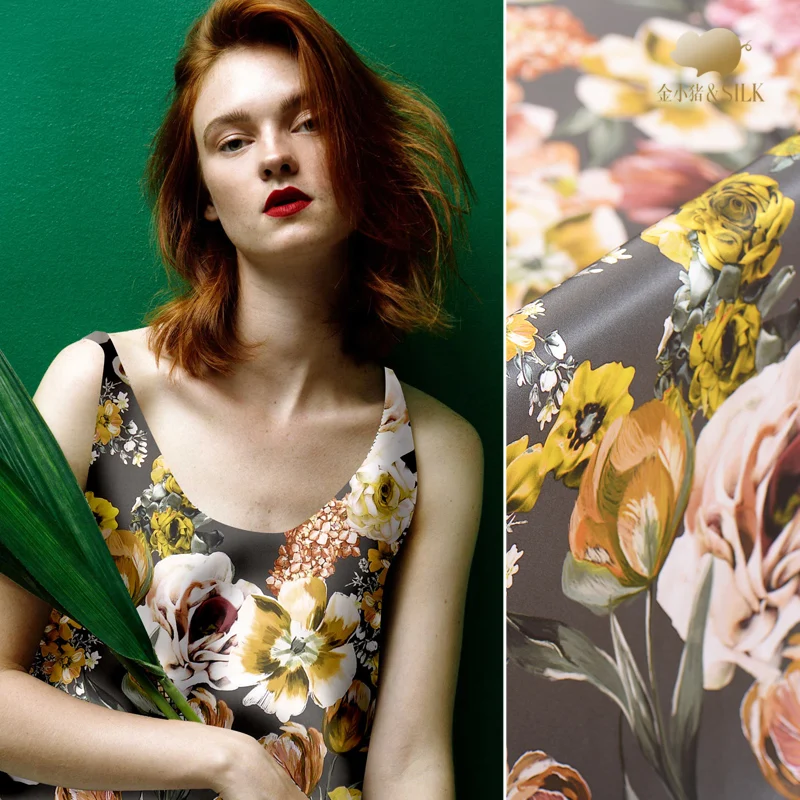 

Digital inkjet silk double-sided heavy satin fabric 40mm glossy cheongsam dress silk fabric wholesale silk cloth 114cm