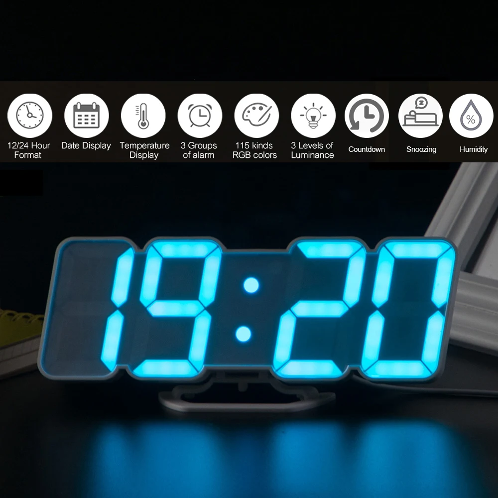 

Upgrade 3D Remote Control Digital Wall Clock LED Table Clock Time Alarm Temperature Date Sound Control Night Light 115 Colors