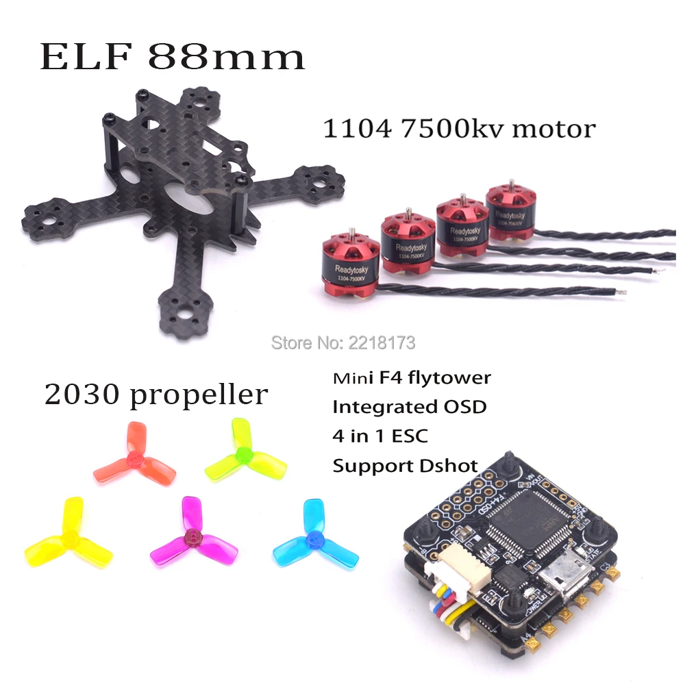 

ELF 88mm 88 Micro frame Quad & Mini F3 / F4 Flytower Integrated OSD 4 in 1 BLHeli ESC + 1104 7500KV 3S Motor 2030 propeller