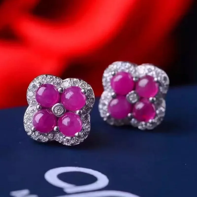 

Fidelity natural 3mm Myanmar ruby stud earrings s925 silver flowers fine jewelry for women party Natural red gemstone