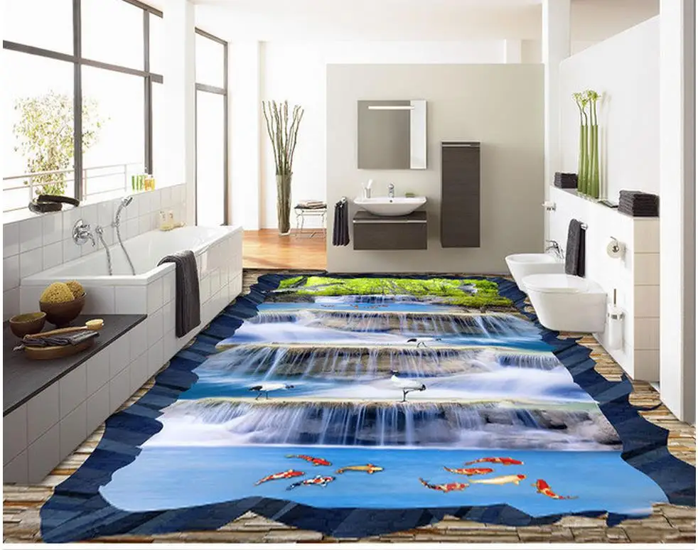 3D обои для пола водопад пейзаж журавль рыба|pvc flooring wallpaper|floor 3d wallpaperfloor wallpaper |