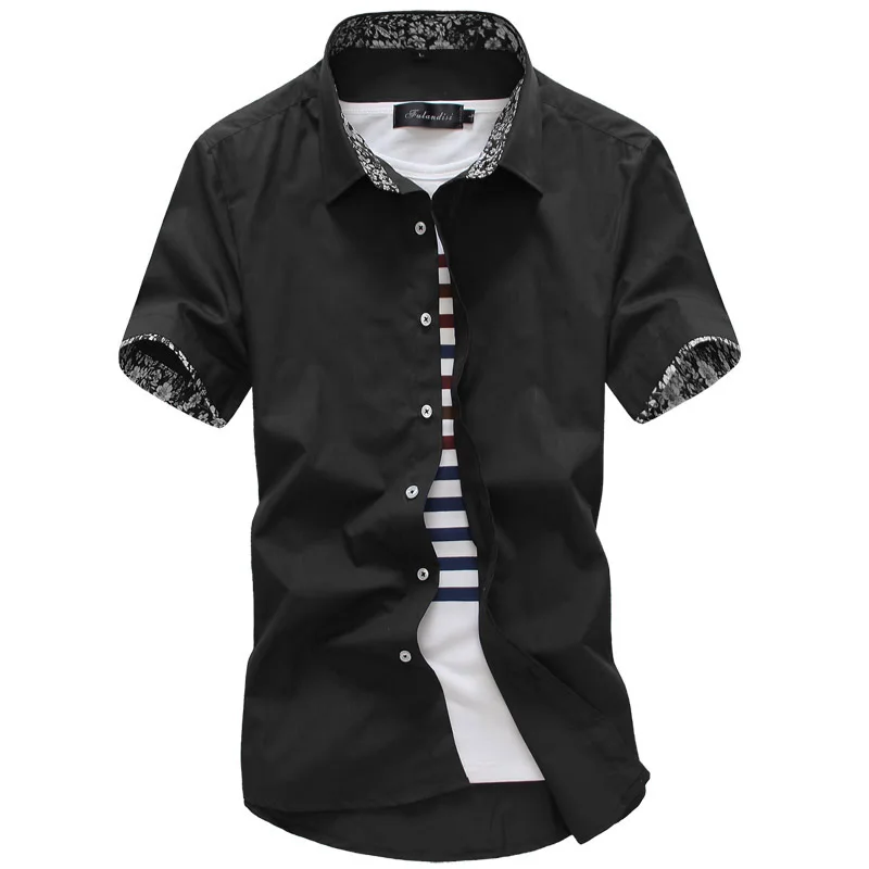 Модная мужская Однотонная рубашка с коротким рукавом и отложным воротником, мужская рубашка, Повседневная Деловая Рабочая Рубашка, Мужская Облегающая рубашка Camisa De Hombre - Цвет: black