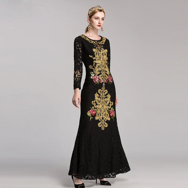 Hoge Kwaliteit Runway Winter Maxi Jurk vrouwen Lange Mouwen Bloemen Borduren Lace Bodycon Lange Jurk Herfst Elegante Partij Jurken