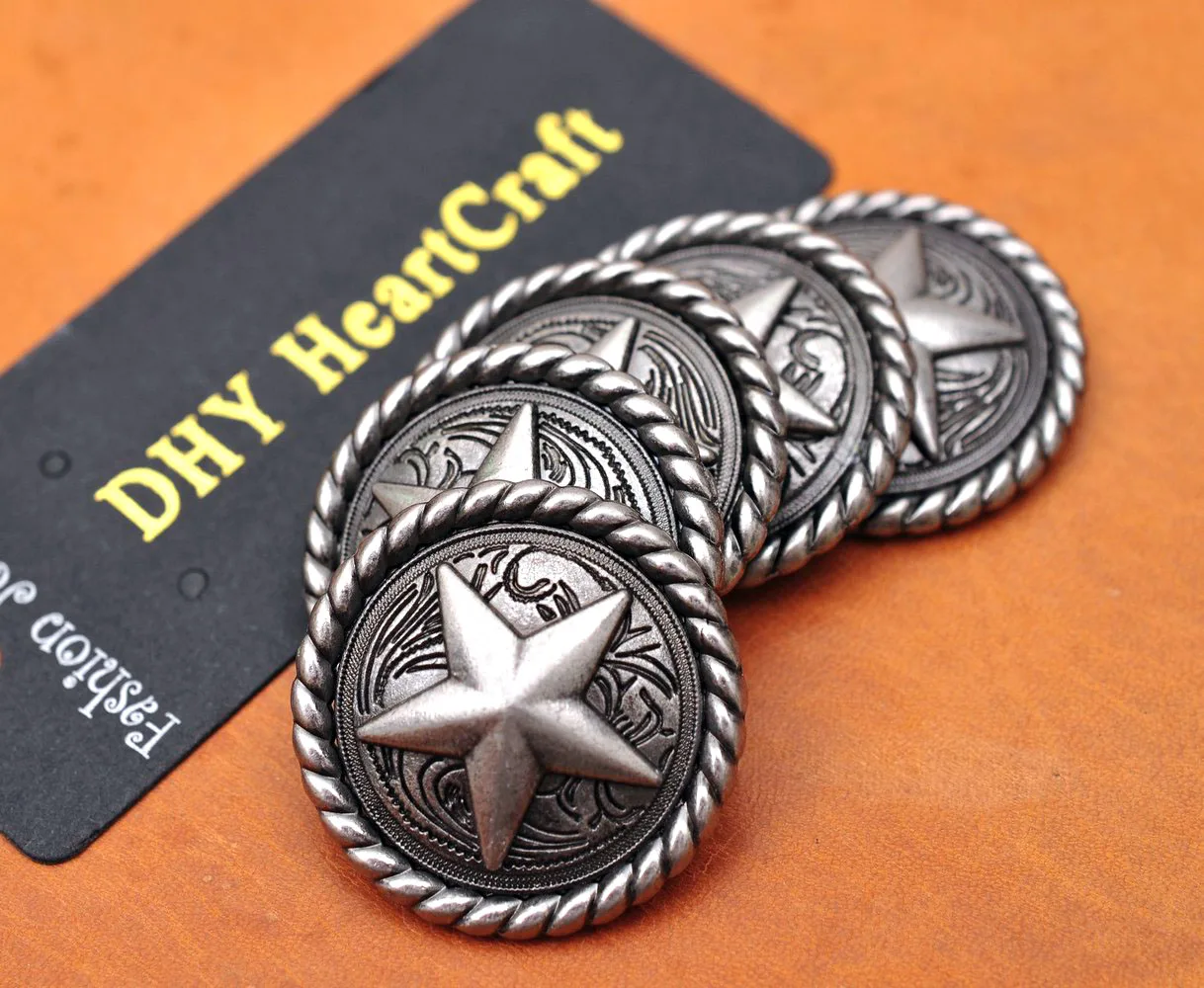 Набор из 10 старинных никелированных круглых веревок EDGE TEXAS RANGER STAR WESTERN SADDLE LEATHERCRAFT METAL CONCHOS 1-1/4"