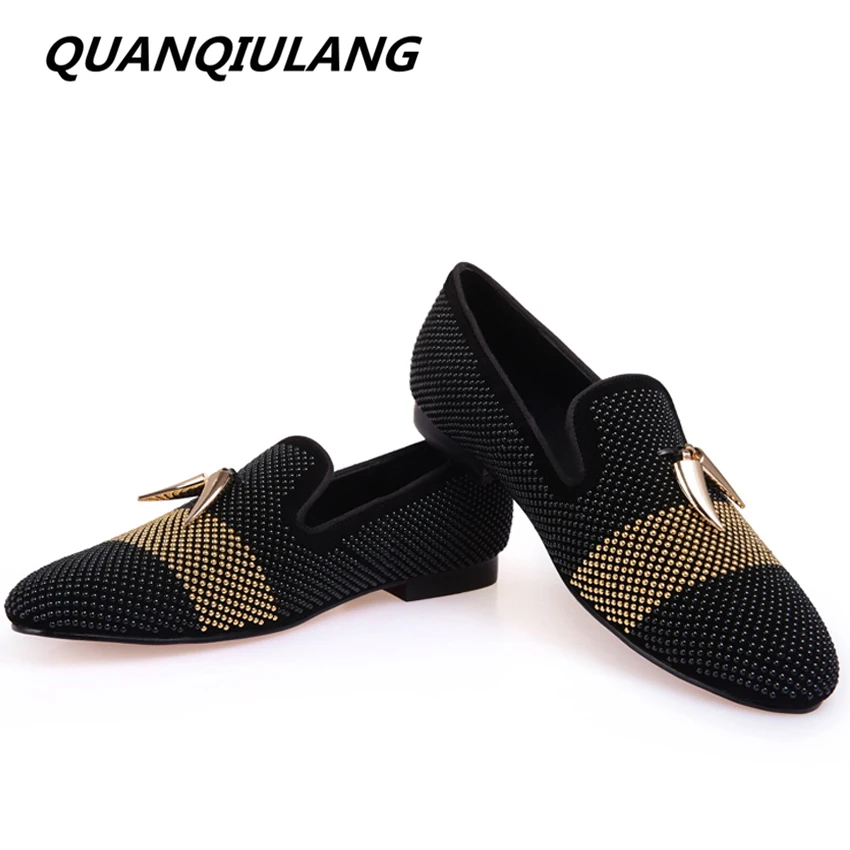 New Arrival Gold Metal Signature Shark Tooth Hot Shoe Drill Handmade Genuine Leather Man Shoes Loafers Men Flats Large size 47