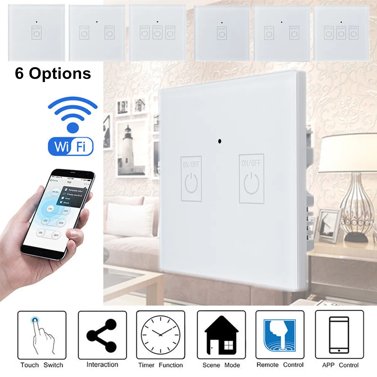 

Smart Wall Light Switch 1/2/3 Gang UK/EU Type Panel WIFI APP 15m Control Work With Alexa Echo/Google Sensitive Safe White