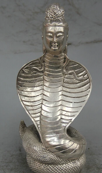 

8" Tibet Tibetan Buddhism Silver Snake Naga Kanya Mother Kwan-yin Goddess Statue R0710 (B0413)