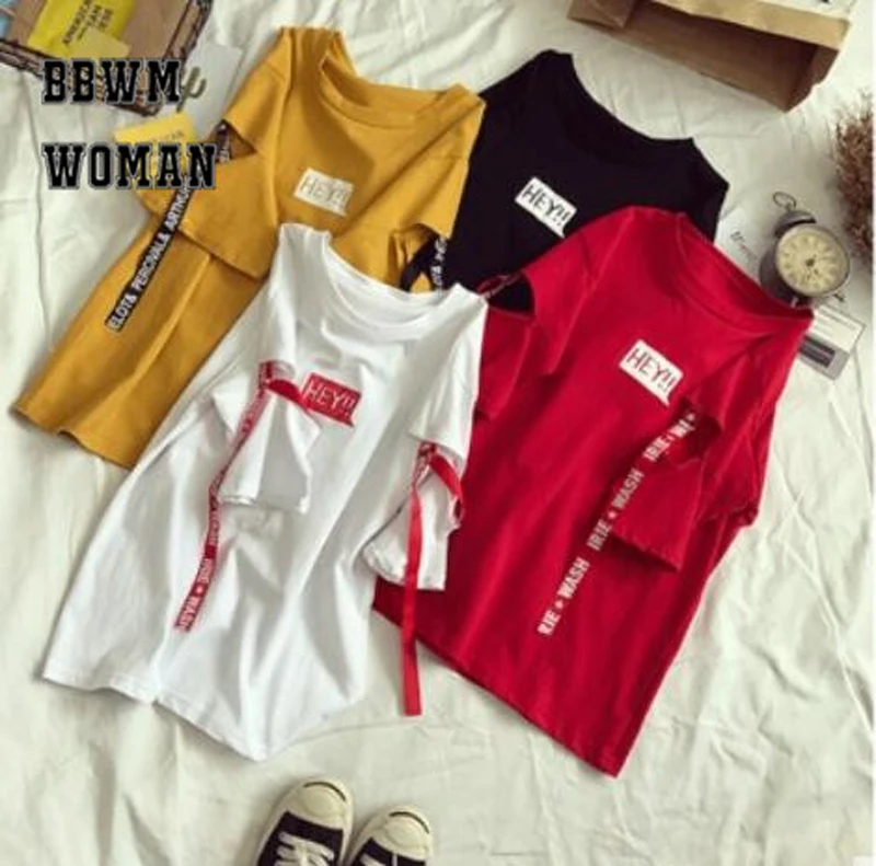 Summer Korean Harajuku Style Hey Alphabet Women T Shirt Personality Hole Ribbon Half Sleeve Student Tops Fashion Tees ZO9