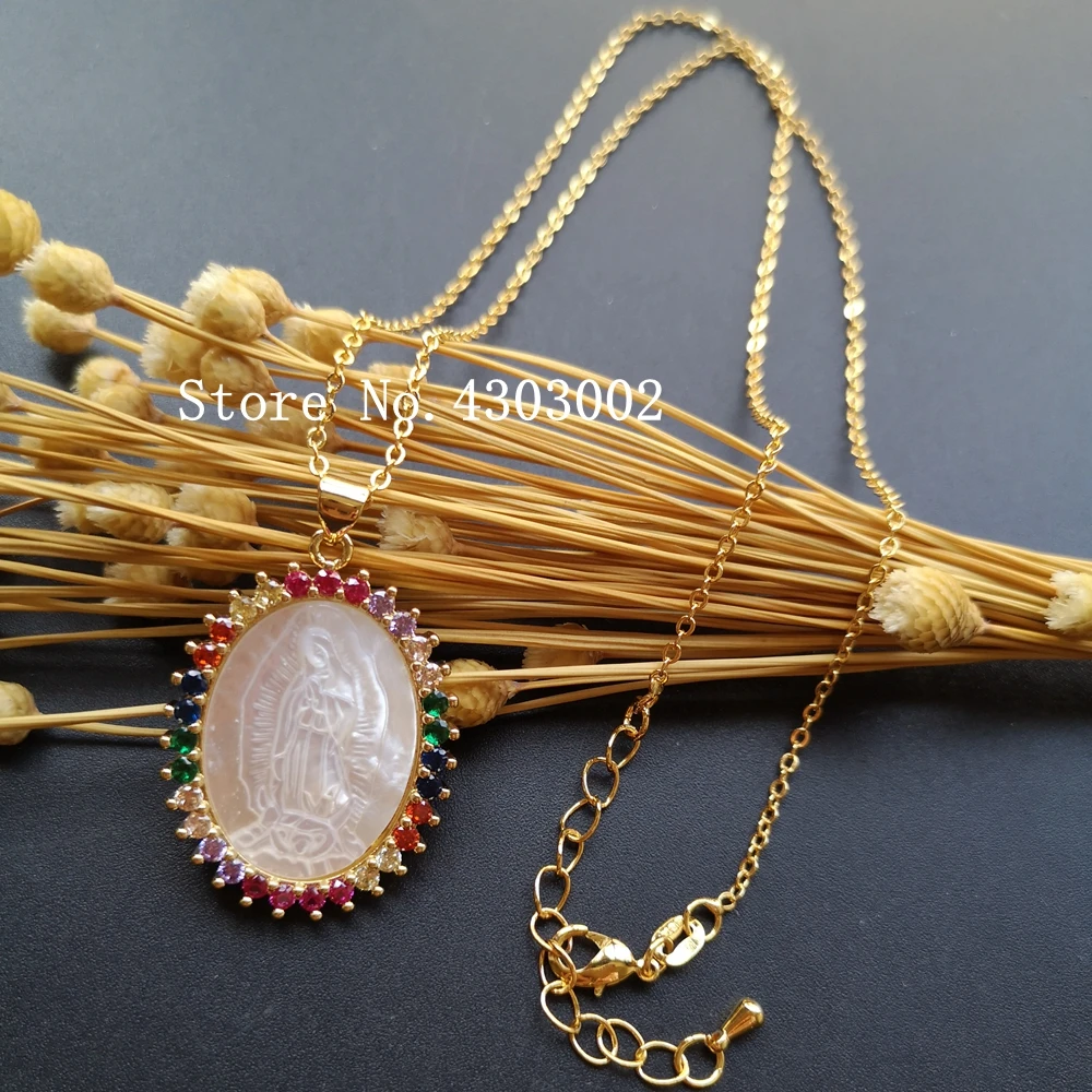 

promotion! 25x34mm Natural Virgin of Guadalupe Mother Pearl shell Necklace AAA Colored CZ Madonna Pearl shell Necklace for Gift