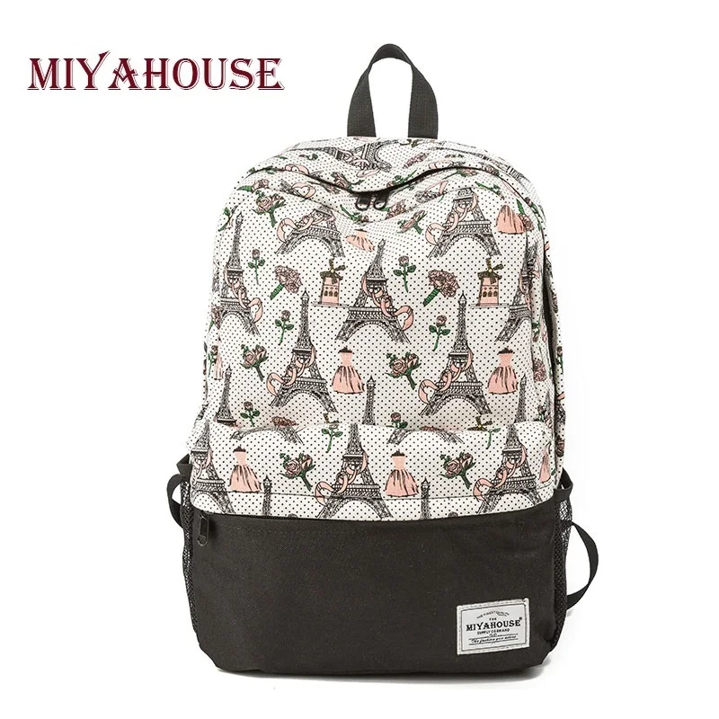 

Miyahouse Preppy Style Dot And Eiffel Tower Printed Backpack Women Canvas Design School Backpack For Girls Teenagers Travel Bag