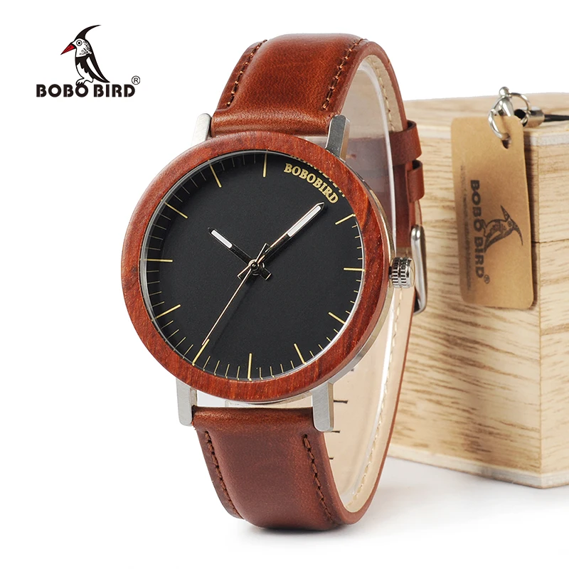 Деревянные часы BOBO BIRD мужские кварцевые с кожаным ремешком подарок логотипом W-M15