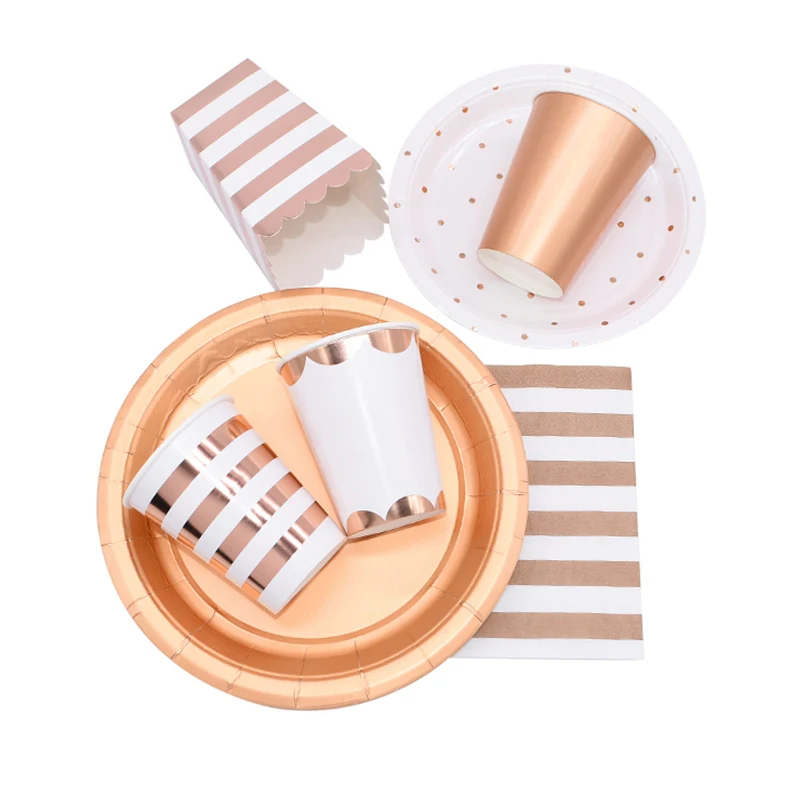 Party Disposable Tableware Set Rose Gold Paper Cup Plate Straws Supplies for Kid Birthday Party Decor Baby Shower Party Supplies