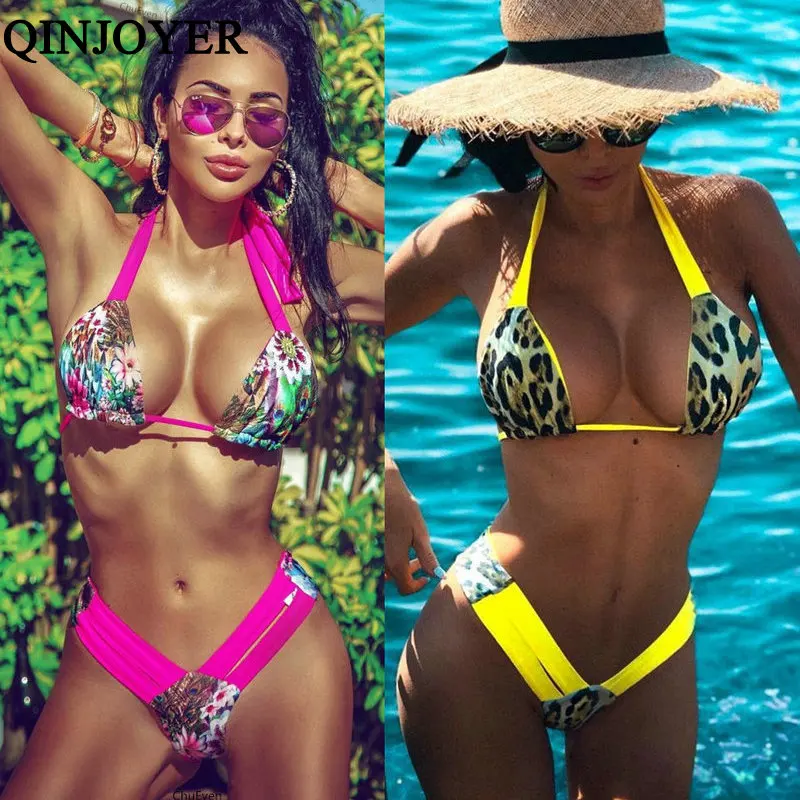 

QINJOYER High Waist Bikini Set 2019 Women Bandage Swimsuit Push Up Swim Wear Floral Leopard Print Brazilian Bikini Thong Female