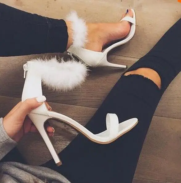 

Real Photo Cheap Women Luxury Fur Design High Heel Sandals White Pink Ankle Wrap Fluffy Pumps Party Charming Shoes Free Ship