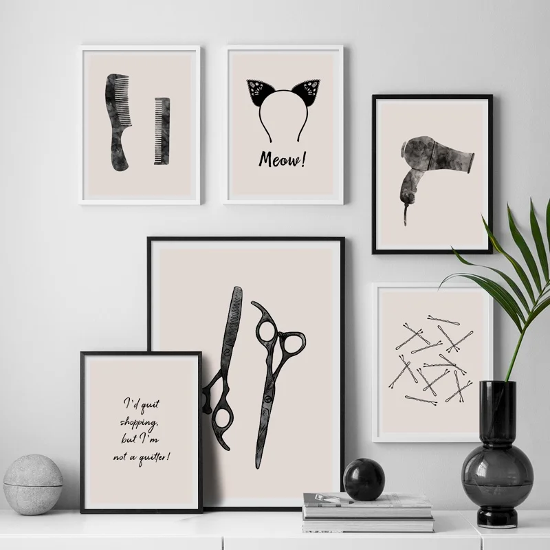 

Cat Ears Hair Clip Dryer Scissors Comb Nordic Posters And Prints Wall Art Canvas Painting Wall Pictures For Living Room Salon