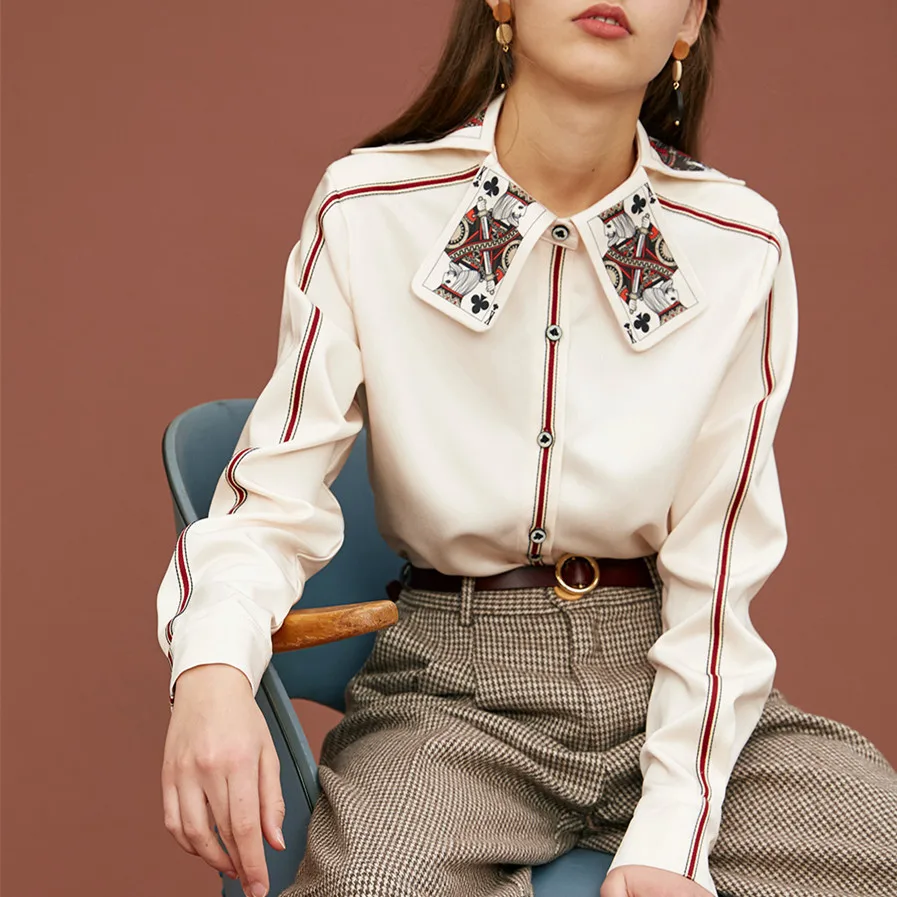 

Women Blouse Shirt Female New Spring Special King Card Print Collar Shirts Cool Woman Tops Ladies Party Long Sleeve Shirts NS634