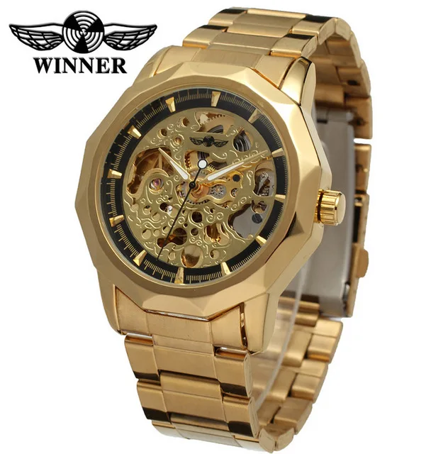 

WINNER Men Automatic Mechanical Watch Luxury Golden Stainless Steel Watches Fashion Skeleton Steampunk Male Clocks