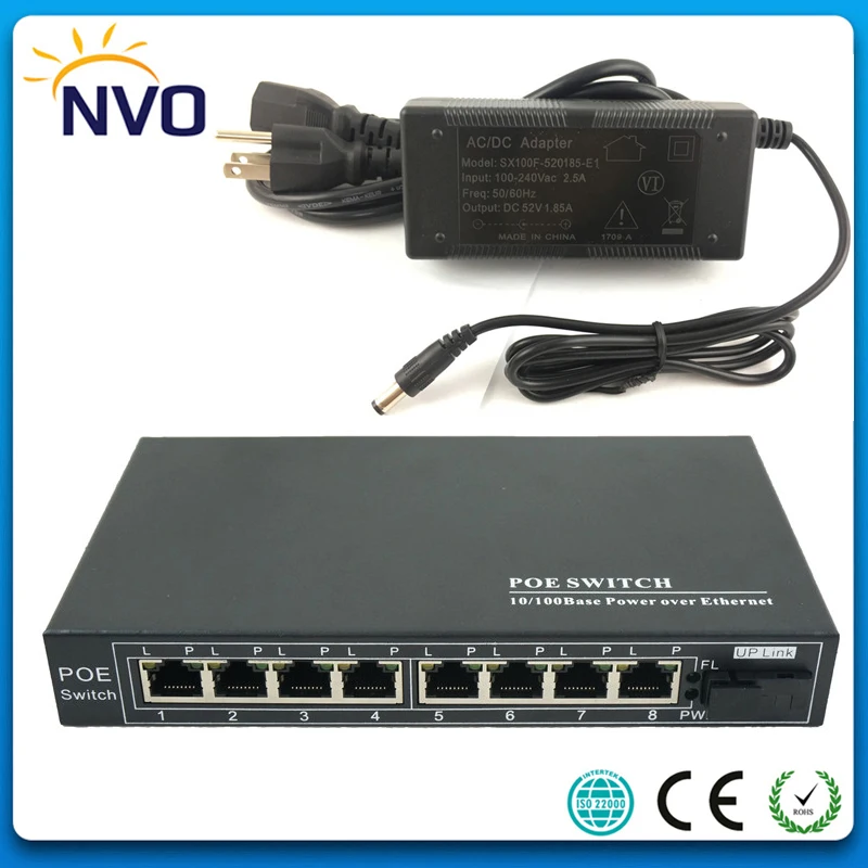 

100M 9port Unmanaged POE Fiber Optical Ethernet Switch IEEE802.3at 96W with 1 Dual Fiber and 8 ports RJ45,Euro Charger
