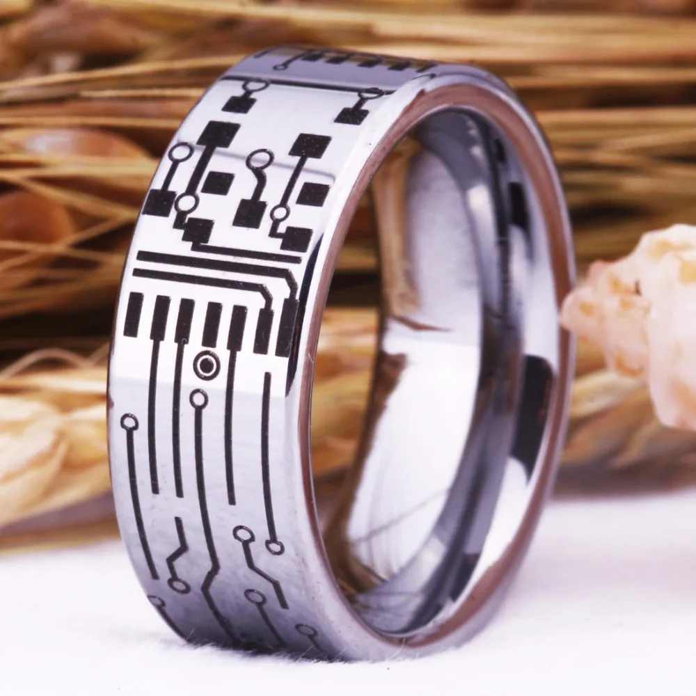 Circuit Board Ring Circuit Board With Power Button Wedding Band Tungsten PC Board Ring Wooden Inner Nerd Gift Anniversary Ring